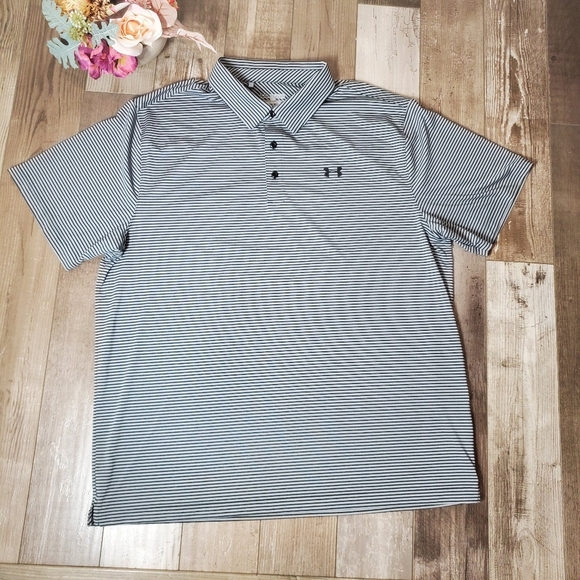 Under Armour Men’s Striped Golf Polo‎ Shirt Size 2XL Gray and Black HeatGear EUC - Picture 1 of 16
